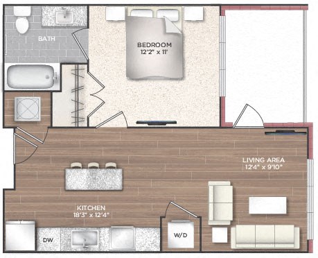 Floor plan for 1 bed, 1 bath, 615 sqft